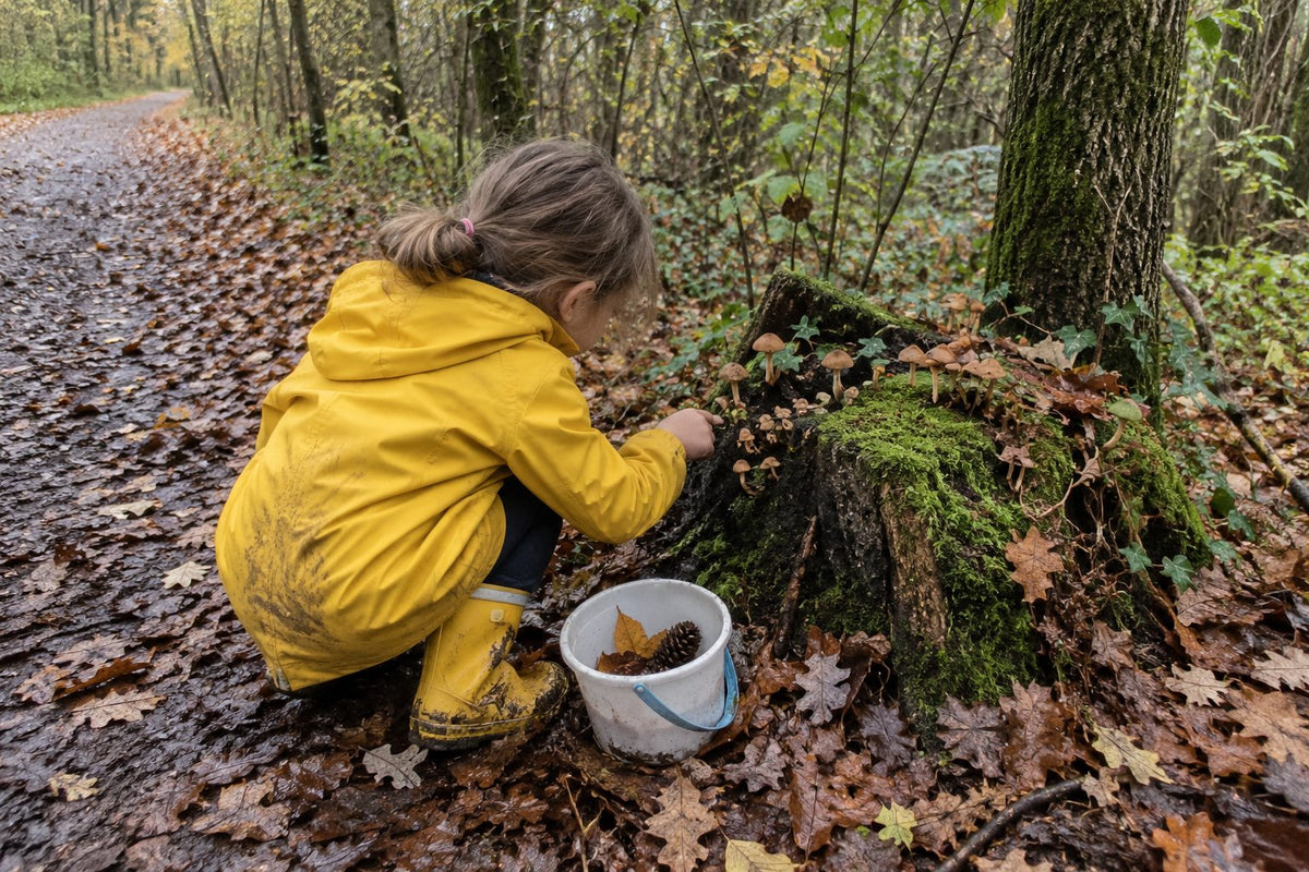 Un enfant en ciré jaune observe des champignons sur une souche moussue en forêt