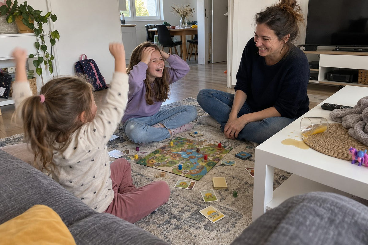 Deux enfants et leur maman rient pendant une partie de jeu de société sur le tapis du salon